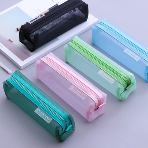 Mesh Pencil Cases Kawaii Cute Solid Color Transparent Pencil Box School Student Pen Bag Supplies Stationery School