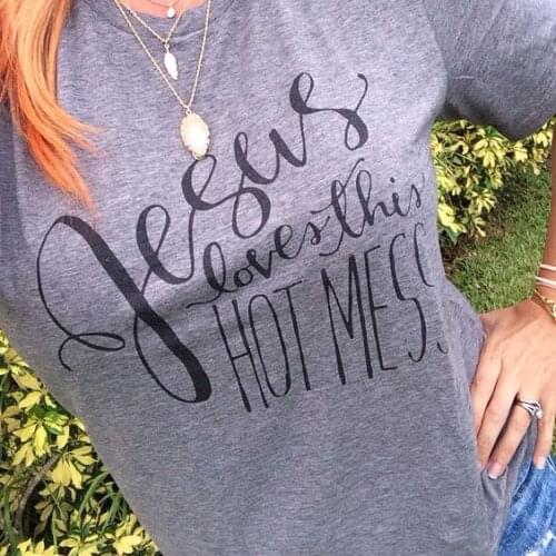 Unisex Casual Short Sleeve Tee Jesus Loves This Hot Mess T-Shirt Gray Clothing Stylish Tops Summer Tumblr Popular Girl Outfits