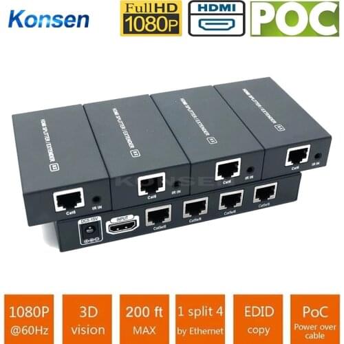 Super Quality 200ft 1x4 HDMI Splitter Extender 60m Over UTP RJ45 Cat5e Cat6 Cable Support HD 1080P 1 Transmitter To 4 Receivers