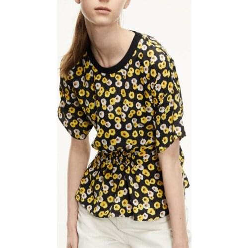 Daisy Print T-shirt Womens Lace-up O-neck Short Sleeve Slim Female Tees 2021 Summer