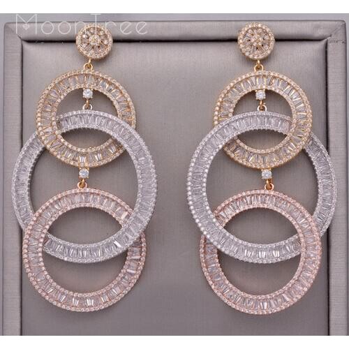 MoonTree 76mm Luxury Three Round Shape Dangle Earrings Clear Cubic Zirconia Women Engagement Earrings Studs Jewelry Party Gift