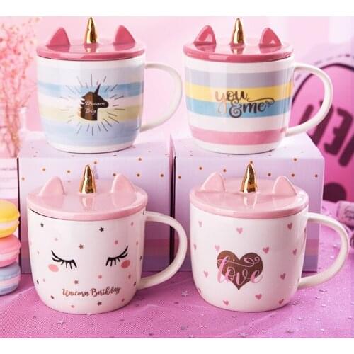 Cute Ceramic Unicorn Mug Cartoon Animals With Spoon Lid Large Capacity Porcelain Cup Home Office Milk Coffee Water Cups Gifts