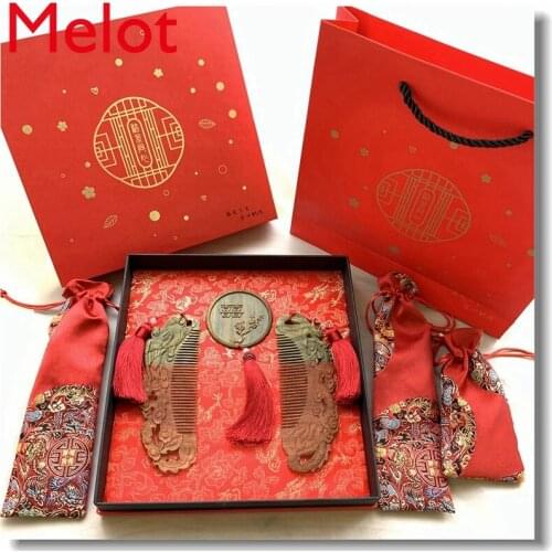 High-End Chinese Style Comb Mirror and Comb Set Wedding Gift Accessories Natural Guajacwood Log Hand Carved Comb
