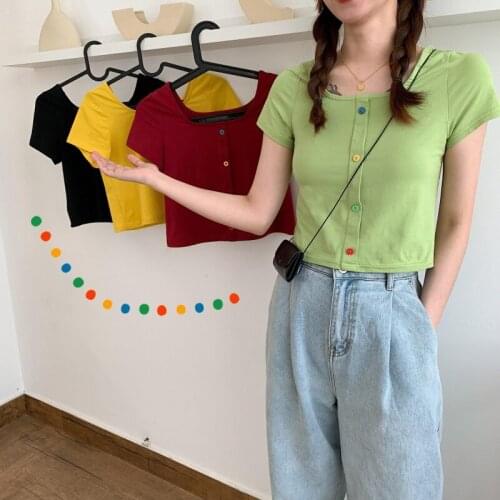 Green Knitted T-shirt Female Cute Buttoned Tee Top O-Neck Solid Short Sleeve T-shirt Women Summer Clothes