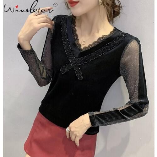Spring Fall European Clothes T-Shirt Girl Fashion 2021 V-Neck Shiny Beads Velvet Patchwork Mesh Women Tops Pullover Tees T11307A
