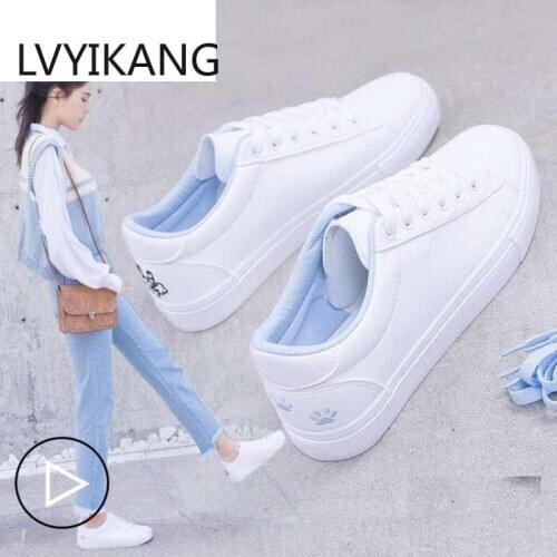 New Spring Tenis Feminino Lace-up White Shoes Woman Pu Leather Solid Color Female Casual Women Sneakers Cat Zapatos De Mujer