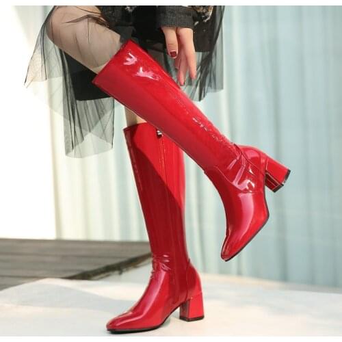 2021 New Autumn Winter Women Boots Patent Leather Square High Heel Knee High Boots Ladies Round Toe Shoes Black Red White