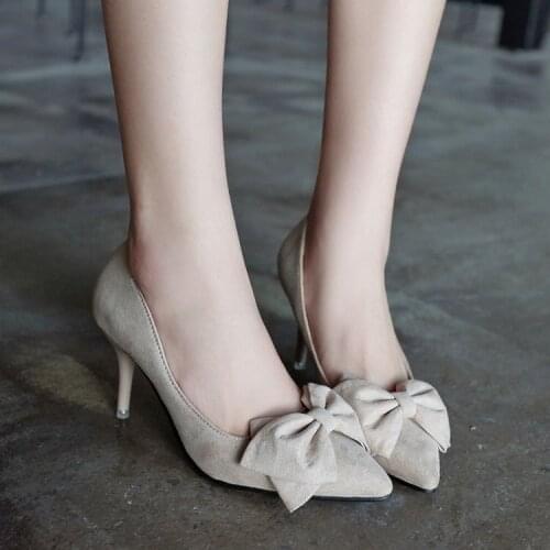 Free Shipping -2021 Summer and Autumn New Bow Stiletto High Heels Suede Pointed Solid Color Temperament Work Shoes