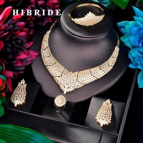 HIBRIDE Famous Luxury Shinning Gold Color Women Wedding Naija Bridal Cubic Zirconia Necklace Dubai Dress Jewelry Set N-818