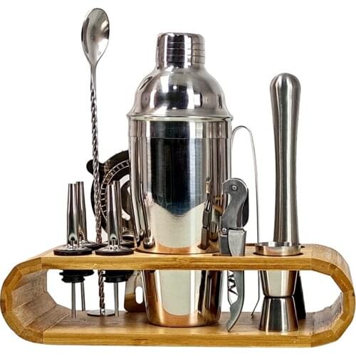 OAPE Family Bartending Multiple Capacities 12-Piece Whisky Cocktail Shaker Bartender Tool Set Stainless Steel Oval Bamboo Stand