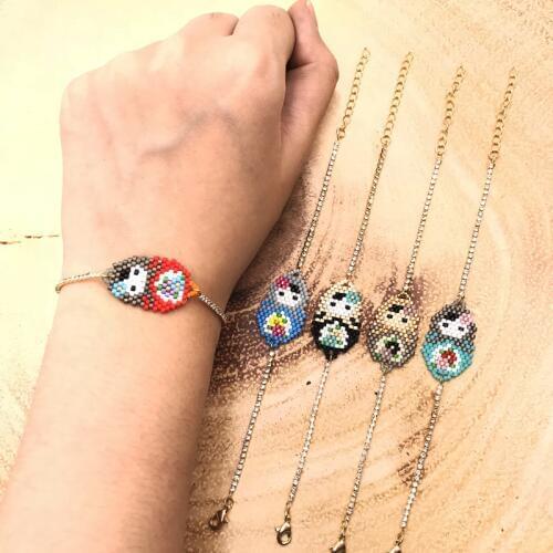 FAIRYWOO Fashion Woman Cute Moscow Doll Boho Charm Bangles Crystal Bracelets Imported Glass Miyuki Bead Adjustable Gold Chain