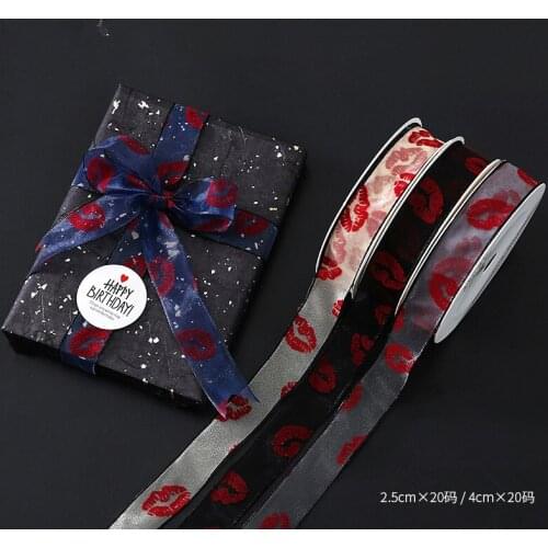 25mm 40mm Kiss Red Lip Pattern Organza Ribbon Flower Packaging Silk Ribbon Gift Wrap Grosgrain Ribbon Satin Jacquard Ribbon