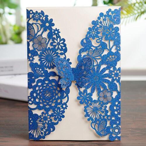 WISHAMDE Glitter Royal Blue Laser Cut Wedding Invitations Card with Butterfly Lace Flower Designs for Birthday Baby Shower 50pcs