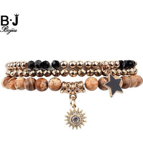 BOJIU 3 Pcs/Set Flower Zircon Star Charms Btacelets Tiny Faceted Gold Black Crystal Gold Beads 6mm River Stone Bracelet BCSET194