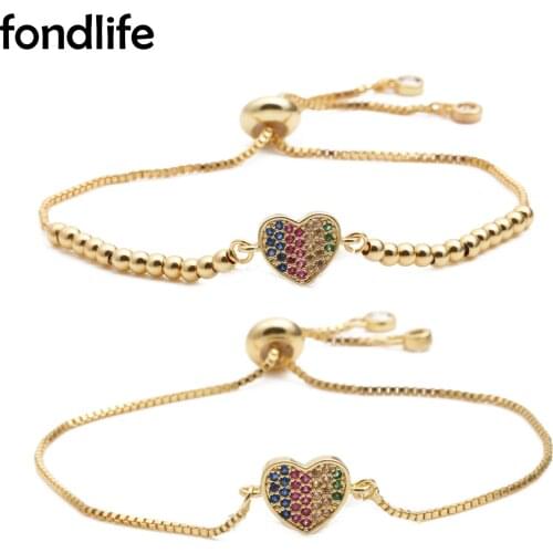 Multicolor Cubic Zirconia Crystal Love Heart Cham Gold-plated Brass Chain Linked Bracelet Women Black Red Cord Jewelry Present