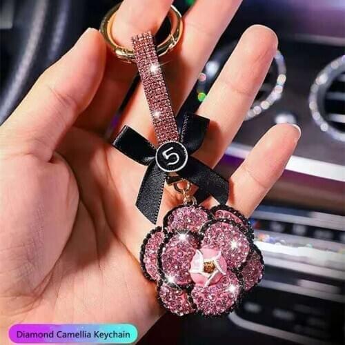 Diamond Camellia Fresh Fashion Creative Hanging Bag Car Key Chain Pendant Car Interior Accessories