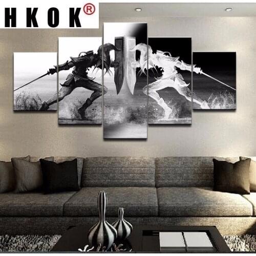 HKOK Wall Art Vikings Pictures Home Decor 5 Pcs Black and white knight Canvas Painting Living Room Printed Cartoon Game Poster