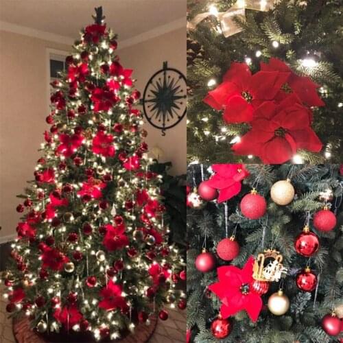 Artificial Christmas Flowers Red Velvet Poinsettia Floral Picks for Christmas Wreath Tree Ornaments(24 Pcs/Red)