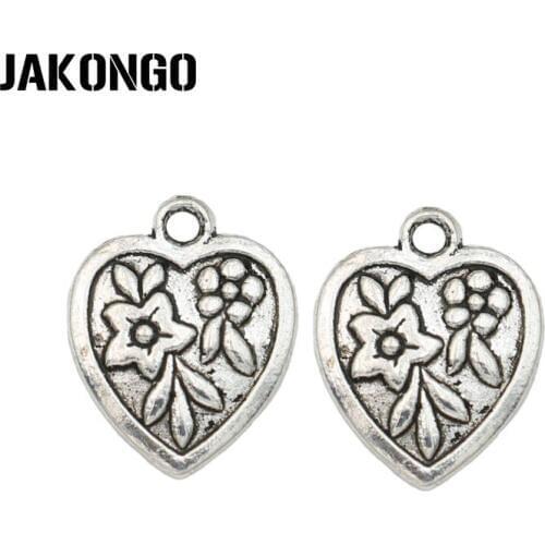 JAKONGO Antique Silver Plated Flower Heart Charms Pendant for Jewelry Making Earrings Bracelet Accessories DIY 17x13mm 20PCS/lot
