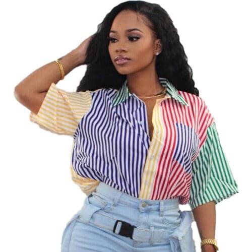 Summer Shirt Striped Short Sleeve 2021 Clothing For Women New Loose Top Button Casual Blouses Contrast Shirts