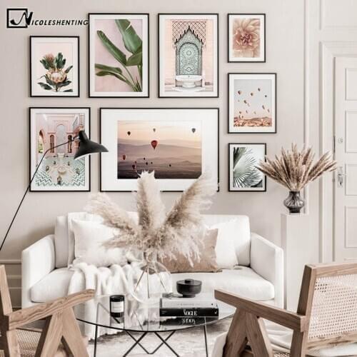 Morocco Arab Architecture Islamic Poster Landscape Canvas Print Protea Flower Balloon Wall Art Painting Botanical Picture Decor