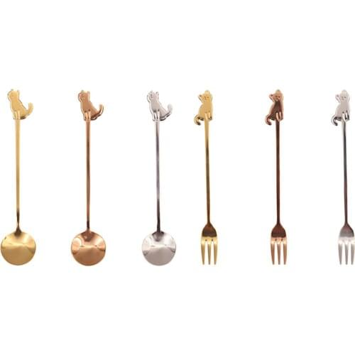 Cute Kitten Spoon And Fork Stainless Steel Coffee Spoon Dessert Cheese Fruit Fork Food Grade Party Kitchen Tool Dropshipping