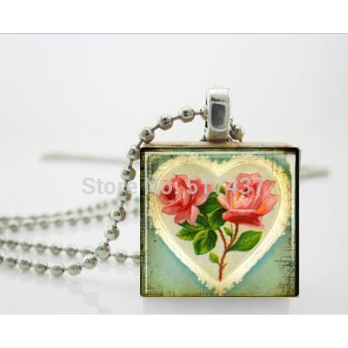 New Gift for Valentines Day Jewelry Shabby Chic Heart and Roses Scrabble Tile Pendant necklace