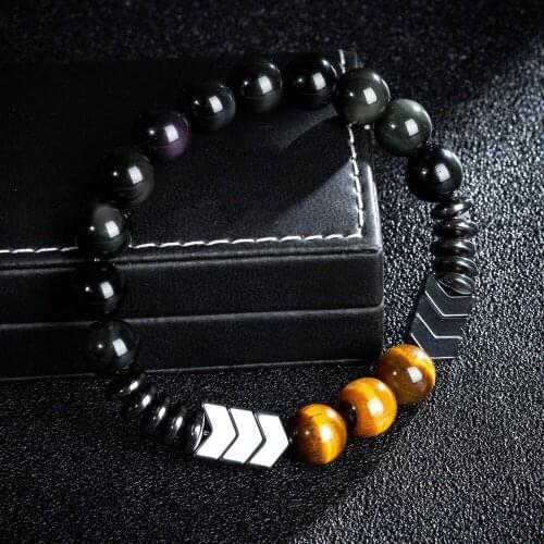 Obsidian Stones Couple Yoga Bracelets Hematite Energy Tiger eye Powerful Beaded Strand Stretchy Bracelets Meditation Balance