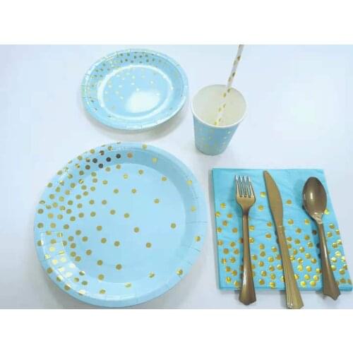 Golden Dot Light Blue Disposable Tableware Birthday Party Supplies Baby Shower Decoration