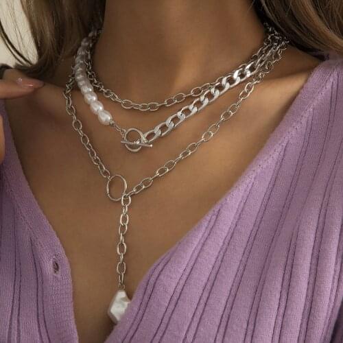 Retro OT Buckle Geometric Cross Chain Set Necklace Temperament Special-shaped Water Droplets Imitation Pearl Chain Necklace 2021