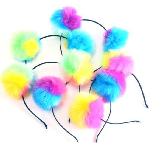 Adult Adult Child Cloth Wrapped Stretchy Headband Cute Panda Ears Hair Hoop Dual Big Bright Colorful Fluffy Pompom Ball Photo