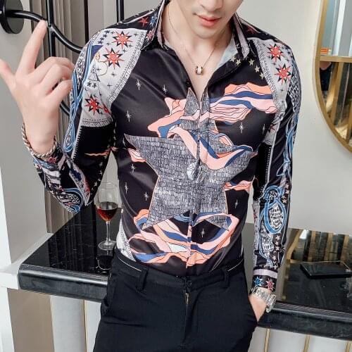 Print Streetwear Fashion Mens Casual Shirt Slim Fit Men Shirt Dress Party Tuxedo Camiseta Masculina Korean Men Clothes Shirt Men