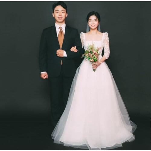 Simple Wedding Dresses 2021 Square Neck Long Lace Sleeves A Line Tulle Bride Dress New Elegant Bridal Gowns TT383