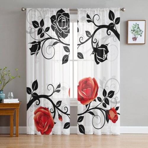 Red And Black Rose White Sheer Curtains for Girl Kids Bedroom Kitchen Window Drapes Curtain Home Decoration
