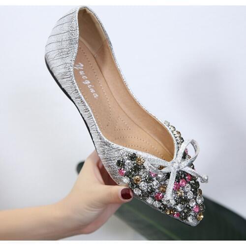 Multicolor rhinestones flats female bowtie single shoes 2019 new autumn pointed toe increased ballet flat shoes moccasins y573