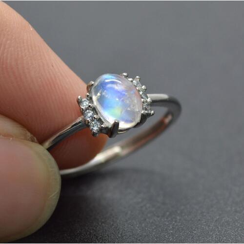 Blue Shine Natural Labradorite 5x7mm Surface Adjustable Wedding Rings White Rhinestone Crystal Setting Fashion Women Jewelry