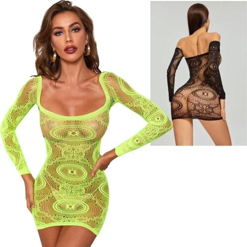 Long Sleeved Sexy Erotic Hot Lingerie Fishnet Mesh Dress Belly Dance Clubwear Babydoll Wedding Honeymoon Sleepwear Nightwear