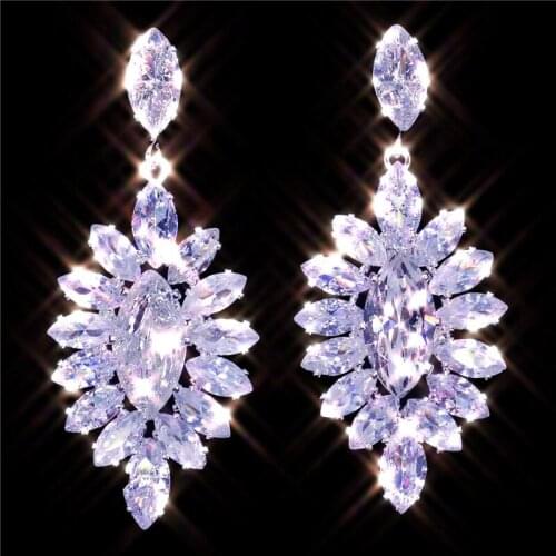 Marquise Cut Cluster Flower Zirconia Crystal Long Dangle Drop Earrings Shiny Leaf Bridal Wedding Jewelry for Women