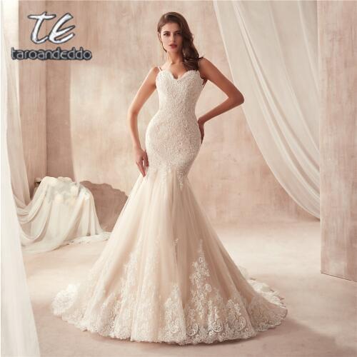 Real Photos Sweetheart Spaghetti Straps Champagne Mermaid Wedding Dress 2020 Lace Appliques Tulle Bridal Gowns Vestido De Noiva
