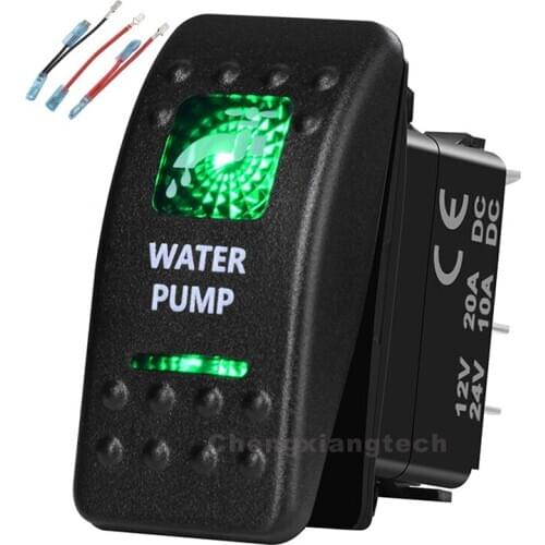 Green Led Printed Rocker Switch Water Pump 5P on-off SPST 12V/20A 24V/10A+Jumper Wires Set for Car Boat Waterproof