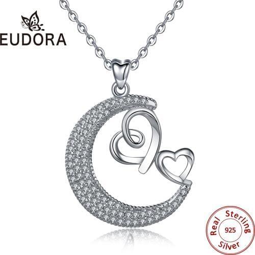 Eudora 925 Sterling silver Cubic Zirconia Moon Pendant Two Heart Sparking Necklace I Love You Style Romantic Jewelry Women D501