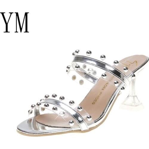 Hot 2020 Women Sandals Shoes Celebrity Wearing Simple Style PVC Clear Strappy Rivet High Heels Woman Transparent Heels 3Colour