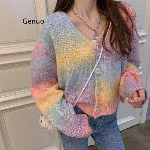 2021 spring new all-match V-neck breasted rainbow color short knitted cardigan jacket women