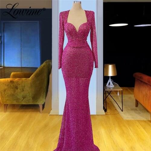 Lowime Deep Pink Long Sleeves Arabic Evening Dresses 2021 Dubai Muslim Formal Dress for Women Wedding Party Engagement Prom Gown