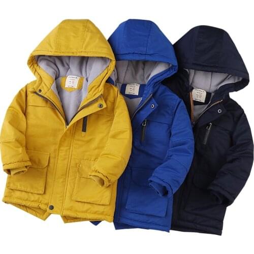 2021 winter boys' solid color plus velvet padded coat, medium and large childrens simple and fashionable hooded down jacket