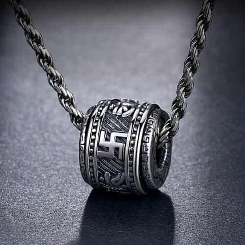 2021 Transfer Bead Pendant Fashion Retro Cupronickel Silver Plated Necklace Barrel-shaped Carving Swastika Pendant Sweater Chain