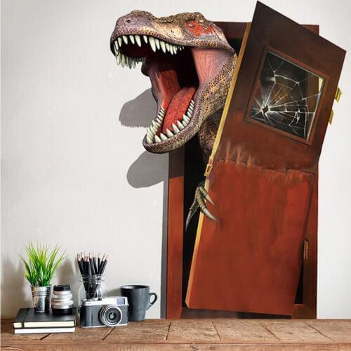 Dinosaur breaks the door Creative 3d wall sticker Living room bedroom decoration wallpaper Decals wallpaper kids rooms stickers