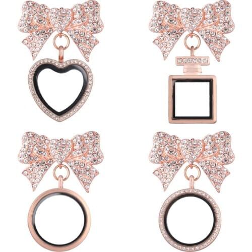 5pcs/lot Rose Golden Heart bownot Rhinestone Brooches Glass Living Memory Lockets Fit Floating Charms Women jewelry Party Gift