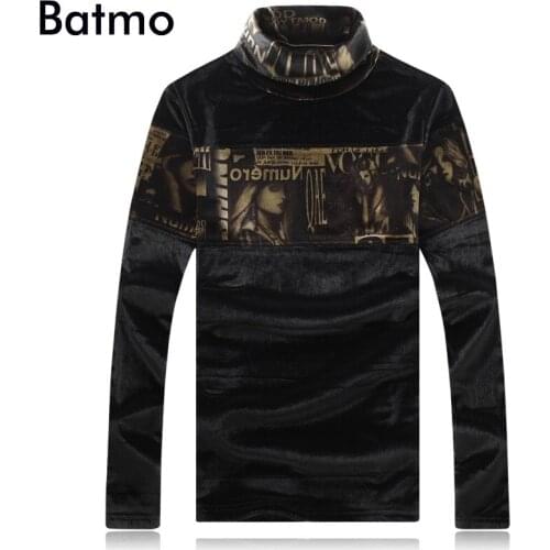 BATMO 2018 new arrival winter high quality velour printed Letter thrtleneck thicked t-shirts men,mens t-shirt plus-size 6302