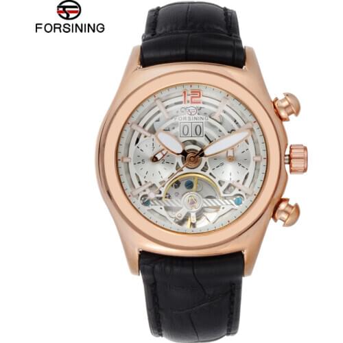 FORSINING Convex Glass Stylish Tourbillion 3D Designer Genuine Leather Strap Mens Watches Top Brand Luxury Automatic Watch Clock